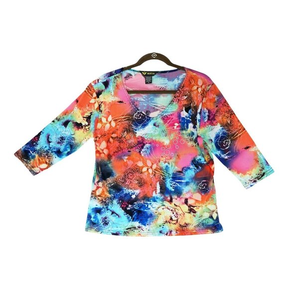 Valentina Artsy Multicolor Knit Top Shirt Blouse Rhinestones Size M Floral Print - Picture 1 of 8